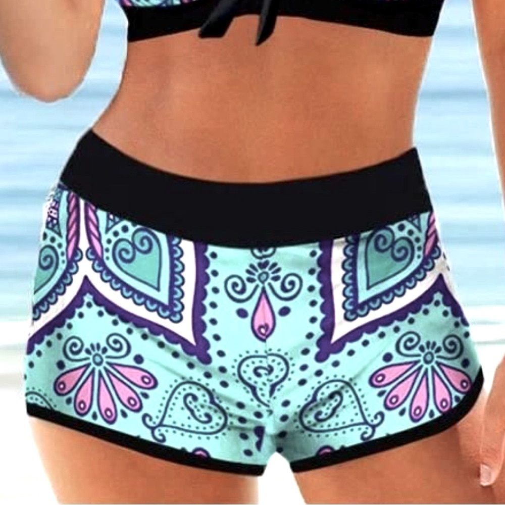 Swim Shorts Summer Black and Teal Patterned Women's - Picture 1 of 4